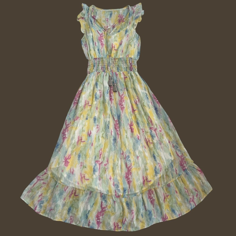 Anthropologie Watercolor Floral Maxi Dress Smocked Waist Flutter Sleeve Size 2 - Picture 4 of 14